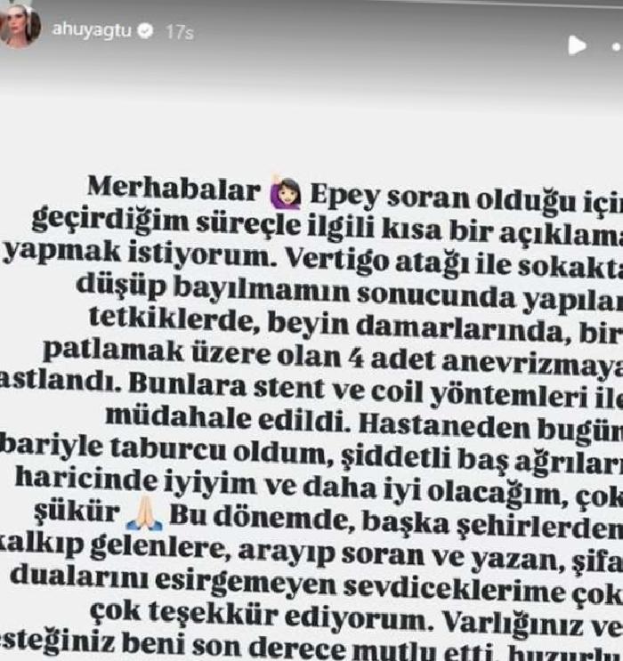 Ahu Yağtu: Beyin Anevrizması Teşhisi Sonrası Yaşananlar ve Açıklama