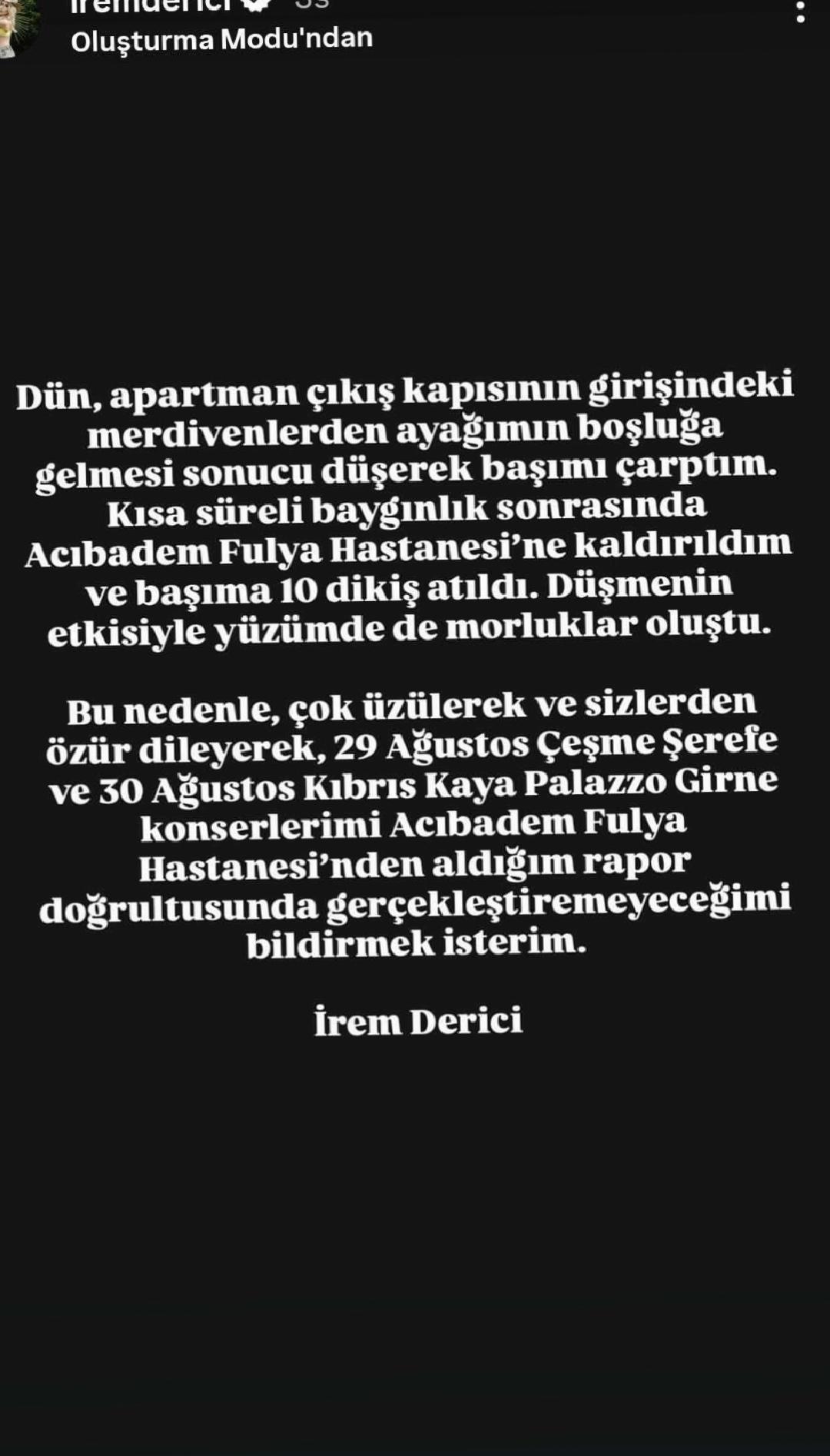 İrem Derici: Hastaneye Kaldırılmanın Ardından Başına Dikiş ve Konser İptali