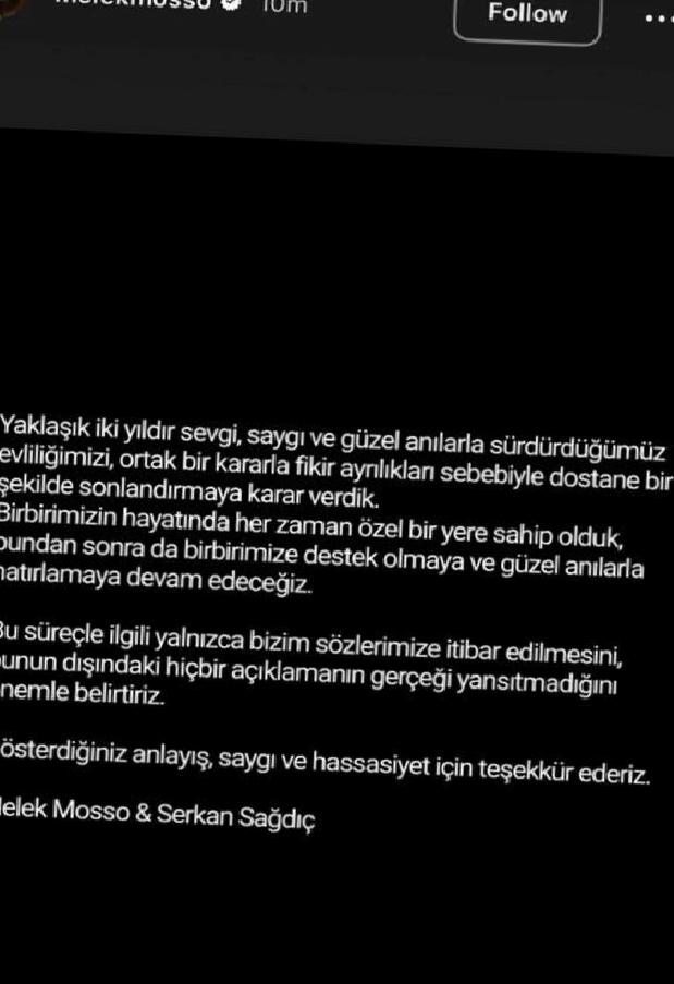 Melek Mosso ve Serkan Sağdıç Boşanma Açıklamasını Ortak Paylaşımla Duyurdu