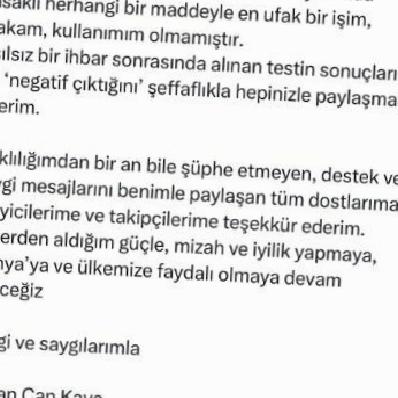 Hasan Can Kaya'nın Uyuşturucu Test Sonuçları Netleşti: Negatif Bildirisi Paylaşıldı
