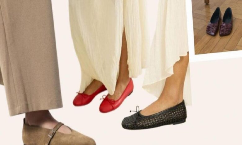 Close-up of feet wearing red ballet flats, black woven flats, and beige trousers in a fashion display.