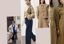 Collage of models showcasing beige trench coats in different styles: belted, oversized, and long silhouettes; street and studio settings visible.