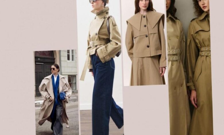 Collage of models showcasing beige trench coats in different styles: belted, oversized, and long silhouettes; street and studio settings visible.