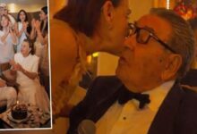 Collage: left side shows guests applauding around an elderly couple seated with a birthday cake; right side shows a man in a tuxedo leaning toward a woman for a kiss or close moment.