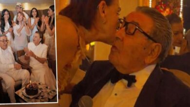 Collage: left side shows guests applauding around an elderly couple seated with a birthday cake; right side shows a man in a tuxedo leaning toward a woman for a kiss or close moment.