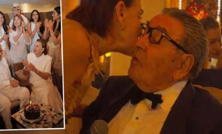 Collage: left side shows guests applauding around an elderly couple seated with a birthday cake; right side shows a man in a tuxedo leaning toward a woman for a kiss or close moment.