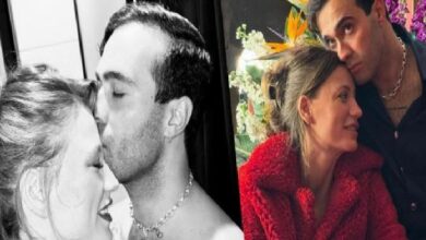 Diptych of a couple: left panel shows a man kissing a woman's temple as she smiles with eyes closed; right panel shows them close together, woman in a red coat with flowers in the background.