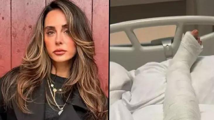 Side-by-side image: a woman with long wavy hair on the left and a hospital bed with a casted arm on the right.