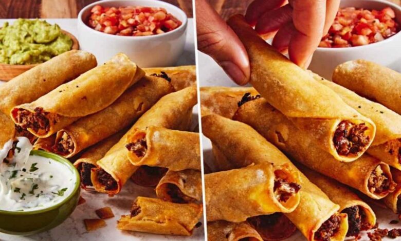 Two-panel image showing crispy taquitos with salsa and guacamole: left panel with taquitos and dipping bowls; right panel a hand lifts a taquito from the stack.