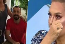 Split image: left shows a man in a red shirt seated with an elderly man and a standing woman outdoors; right shows a woman crying, wiping her eye against a blue backdrop.