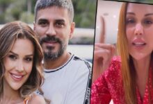 Left: smiling couple outdoors; right: woman in red speaking on a video call in a split screen.