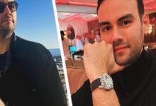 Collage of a man in a black jacket: left image outdoors with a blue sky and ocean, holding an ice cream; right image indoors in a red neon-lit setting, resting his chin on his hand, wearing a silver wristwatch.