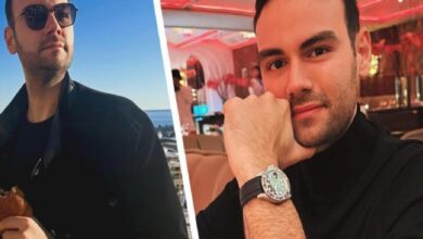 Collage of a man in a black jacket: left image outdoors with a blue sky and ocean, holding an ice cream; right image indoors in a red neon-lit setting, resting his chin on his hand, wearing a silver wristwatch.