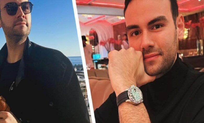 Collage of a man in a black jacket: left image outdoors with a blue sky and ocean, holding an ice cream; right image indoors in a red neon-lit setting, resting his chin on his hand, wearing a silver wristwatch.