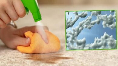 A hand uses a green spray bottle to wipe a spill with an orange cloth on a beige floor; inset shows frost crystals on a window.