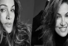 Split-screen black-and-white portrait of a woman, shown with a thoughtful left-side and a cheerful right-side pose.