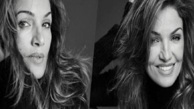 Split-screen black-and-white portrait of a woman, shown with a thoughtful left-side and a cheerful right-side pose.
