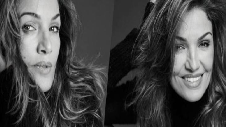 Split-screen black-and-white portrait of a woman, shown with a thoughtful left-side and a cheerful right-side pose.