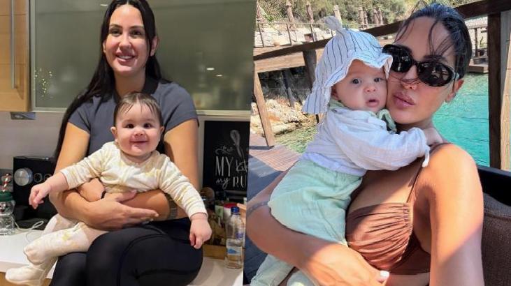 Two photos side by side: left a smiling woman in a kitchen holding a baby in cream clothing; right a woman in sunglasses holding a baby in a hat on a wooden deck by blue water.