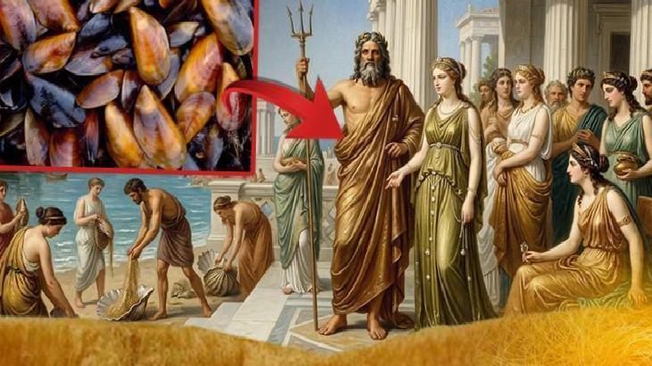 Collage showing mussels on the left connected by a red arrow to a classical scene with a bearded god holding a trident among Roman-style figures.