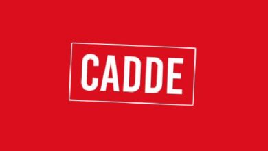 CADDE logo on a red background with a tilted white rectangle framing the bold white word 'CADDE'