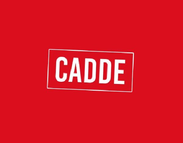CADDE logo on a red background with a tilted white rectangle framing the bold white word 'CADDE'