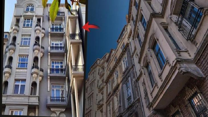 Split view of two ornate apartment buildings with a narrow blue sky gap between them; a red curved arrow highlights the seam between façades.