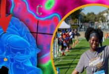 Blue 3D brain model with a red arrow pointing to it, set against a colorful abstract background with a circular photo of people running on a field nearby.