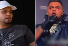 Split-screen: left a man in a white cap and gray shirt, right a man in a vest and glove singing into a microphone.