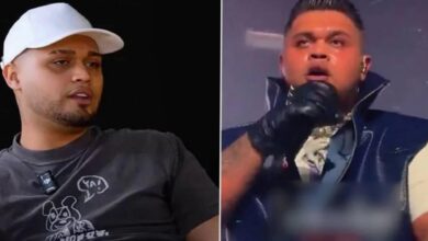 Split-screen: left a man in a white cap and gray shirt, right a man in a vest and glove singing into a microphone.