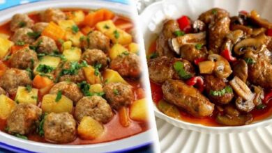 Split image showing two dishes: left is meatballs with potatoes in a red tomato sauce, garnished with herbs; right is beef with mushrooms, peppers, and onions in a glossy sauce.