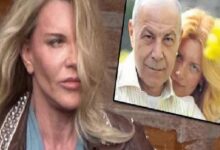 Close-up of a woman with long blond hair looking to the left; an inset photo shows an older man and a blonde woman posing outdoors.