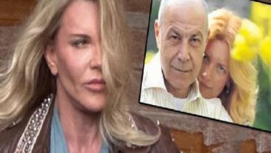 Close-up of a woman with long blond hair looking to the left; an inset photo shows an older man and a blonde woman posing outdoors.