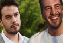 Two men outdoors, one with a thoughtful expression on the left and a man smiling broadly on the right near a tree.