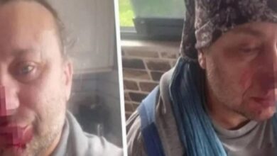 Split image of two men: left man smiling at the camera, right man wearing a knit hat and blue scarf looking downward.