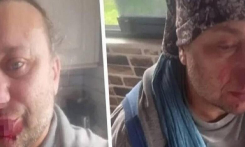 Split image of two men: left man smiling at the camera, right man wearing a knit hat and blue scarf looking downward.