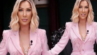 Two images of a blonde woman in a pink blazer with a lapel microphone, posing in a studio setting with dark background.
