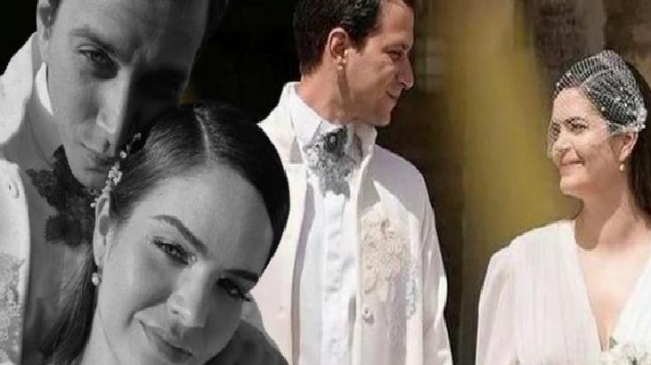 Bride and groom in white formal wear, smiling; collage of their faces in the background.