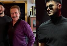 Left panel shows two men posing indoors—one in purple, the other in black; right panel features a man in a black turtleneck and sunglasses against a dark background.