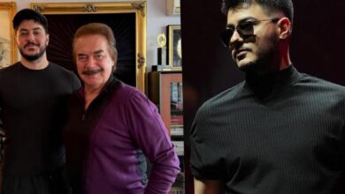 Left panel shows two men posing indoors—one in purple, the other in black; right panel features a man in a black turtleneck and sunglasses against a dark background.