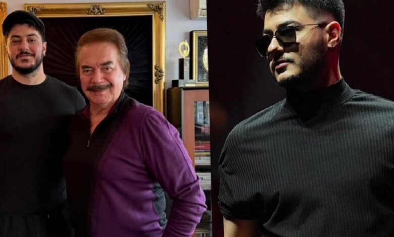 Left panel shows two men posing indoors—one in purple, the other in black; right panel features a man in a black turtleneck and sunglasses against a dark background.