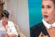 Split-screen scene: left, a patient in a hospital bed wearing a white robe and head wrap, reading a tablet; right, a TV host with short hair and bold makeup speaking.