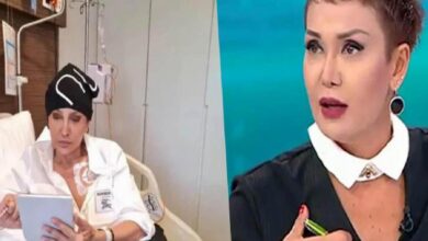 Split-screen scene: left, a patient in a hospital bed wearing a white robe and head wrap, reading a tablet; right, a TV host with short hair and bold makeup speaking.