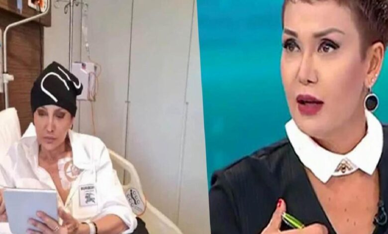 Split-screen scene: left, a patient in a hospital bed wearing a white robe and head wrap, reading a tablet; right, a TV host with short hair and bold makeup speaking.