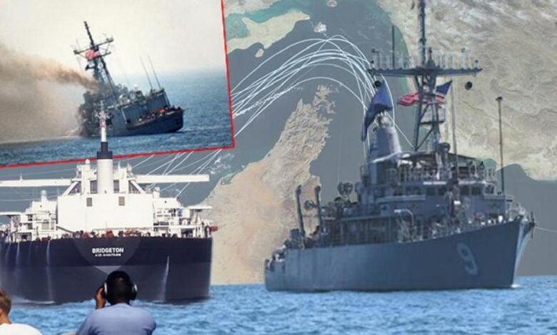 Two large ships on the sea with a world-map backdrop and white route lines, suggesting a naval or maritime infographic scene.