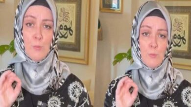 Two side-by-side frames of a woman wearing a patterned hijab speaking to the camera.