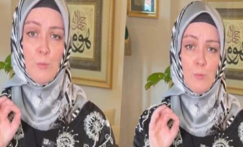 Two side-by-side frames of a woman wearing a patterned hijab speaking to the camera.