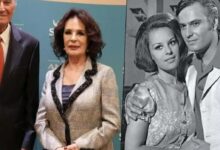 Collage: on the left, an older man in a suit and a woman in a blazer at a formal event; on the right, a black‑and‑white photo of a young couple posing together.