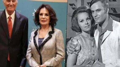 Collage: on the left, an older man in a suit and a woman in a blazer at a formal event; on the right, a black‑and‑white photo of a young couple posing together.