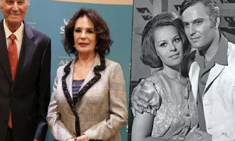 Collage: on the left, an older man in a suit and a woman in a blazer at a formal event; on the right, a black‑and‑white photo of a young couple posing together.